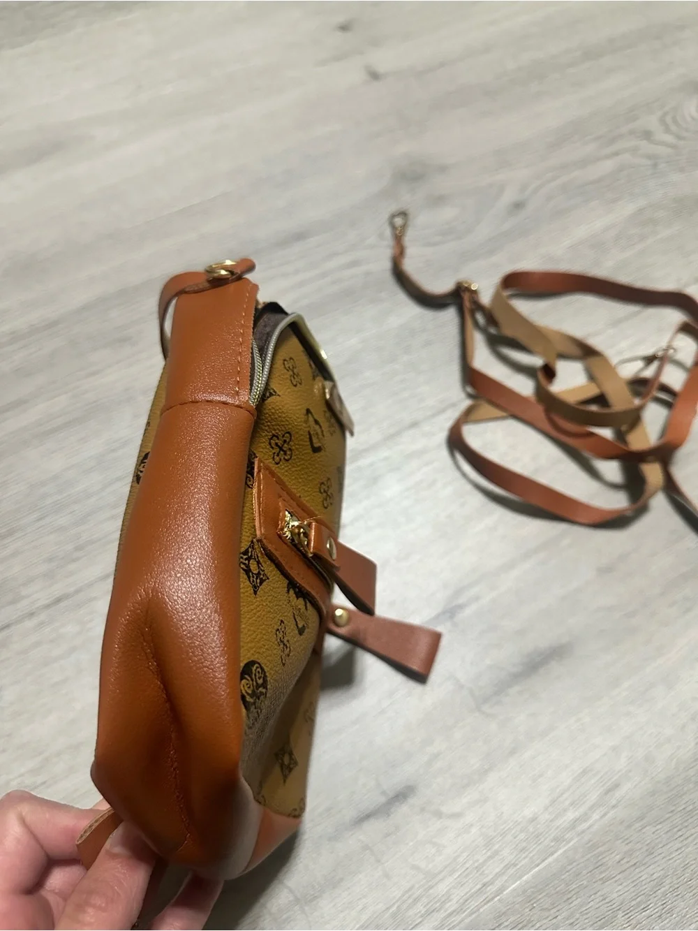 Women's Brown Monogram Crossbody Backpack - Stylish Tan Accent